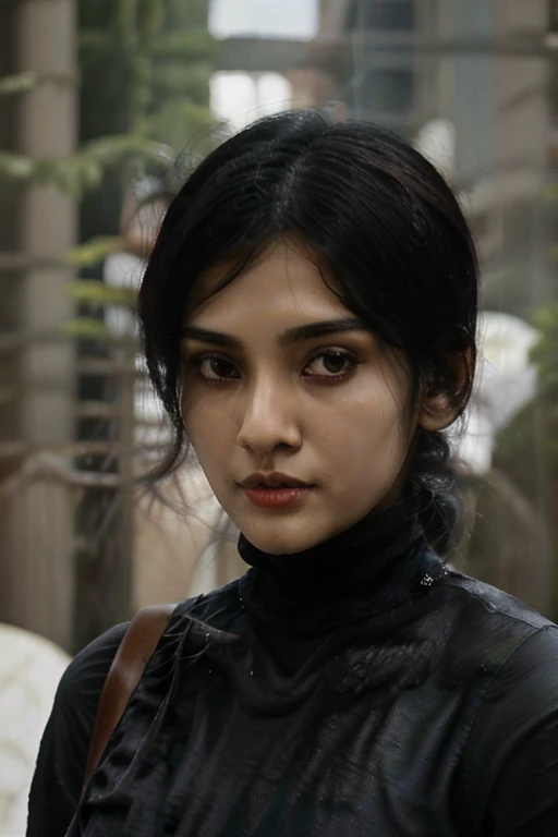 1girl, black hair, city , short wave hair till neck, (19 years old), slender thin figure, gaze, indian, smooth skin, parted lips, full body,hight figure , no smile, looking at viewer, fashion , black turtle neck , cold face , sharp jawline , streetwear