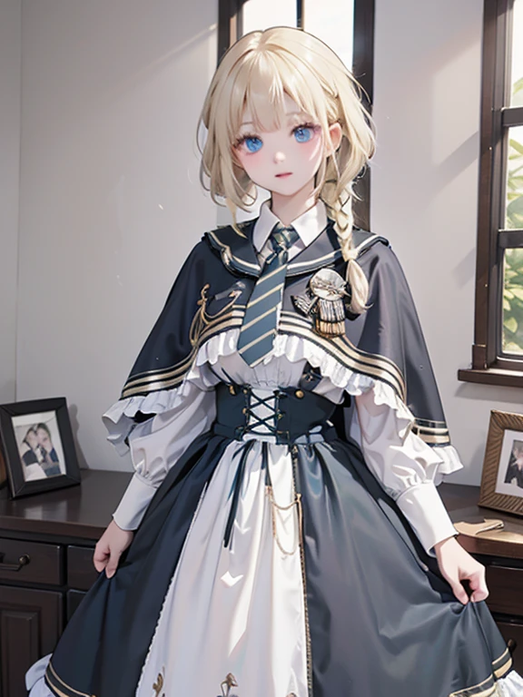 masterpiece, highest quality, Very detailed, 16k, Ultra-high resolution、Cowboy Shot, One -yeld gi Detailed face, Perfect Fingers, blue eyes, Blonde, Braid, cyb dress, collared shirt, long sleeves, necktie, capelet, frills, badge, long dress, Dimly lit room