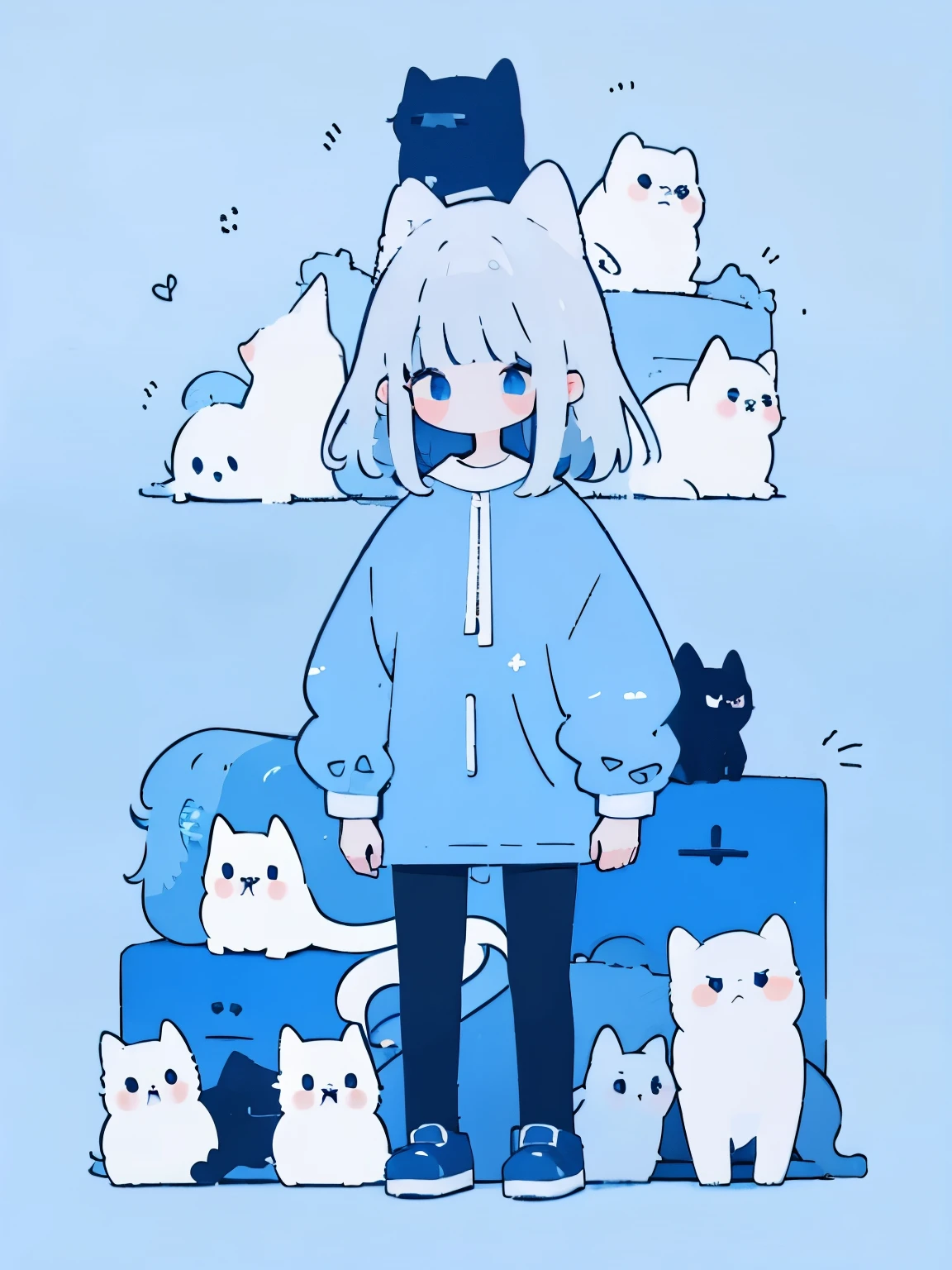 Cute cat, blue tone, girl with long, straight, silver hair, has bangs.
