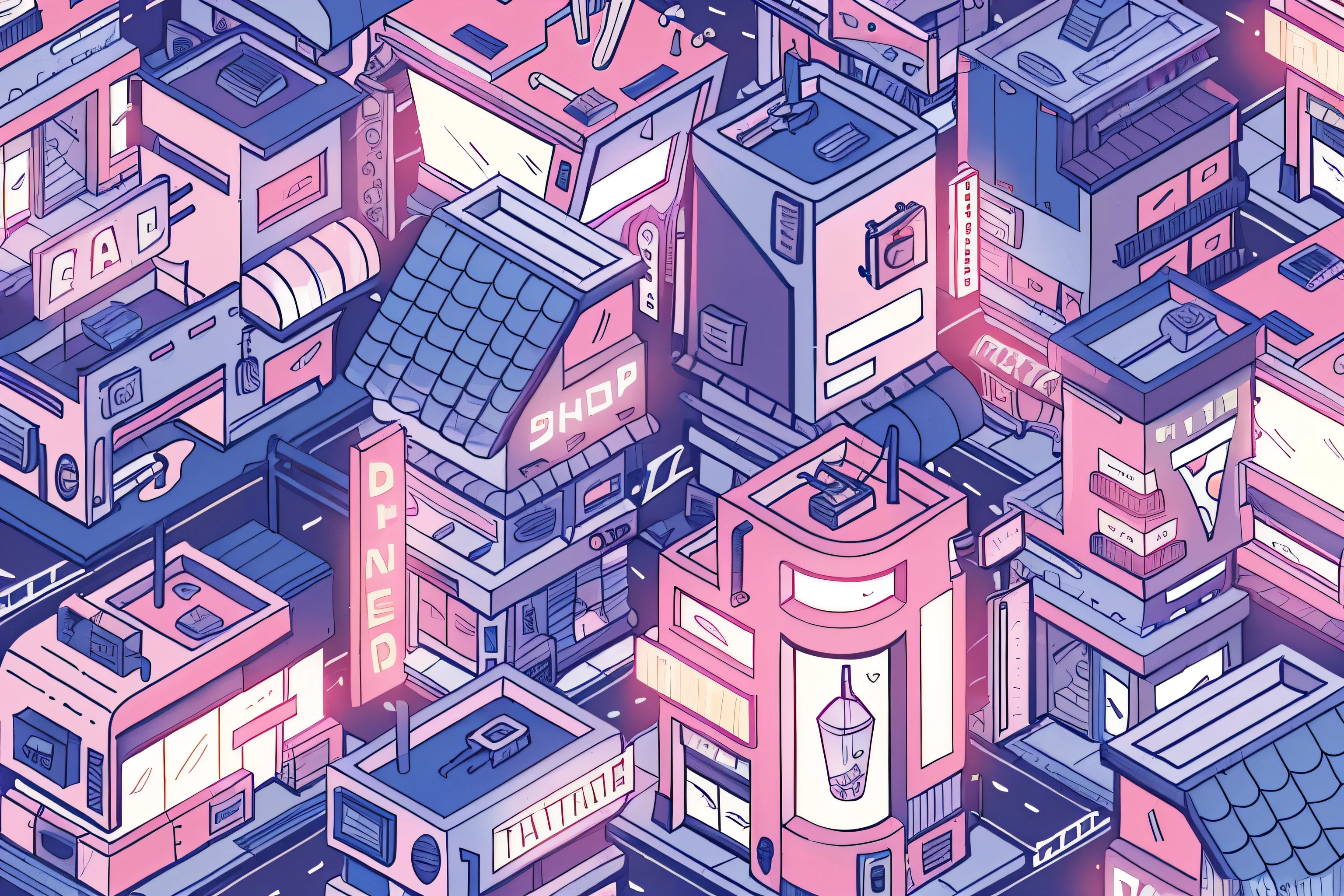 Isometric, Cartoony, Neon City, 3D, Stylized, Simple, Drawing