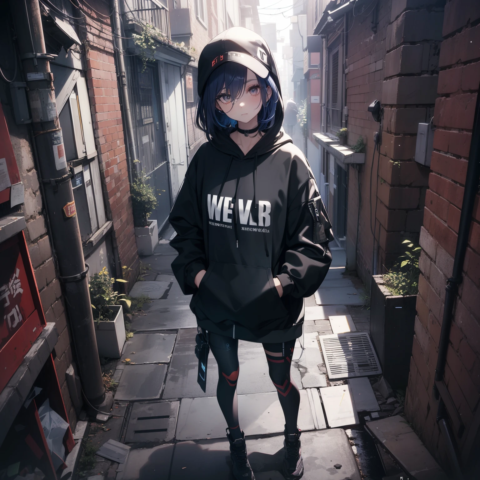 ((1Woman:1)),((beautiful eyelashes:1)), ((expressive:1)), ((front-angle-view:1)),((wearing-techwear-hoodie:1)),((Cyberworld:1)),((standing-in-a-alleyway:1))