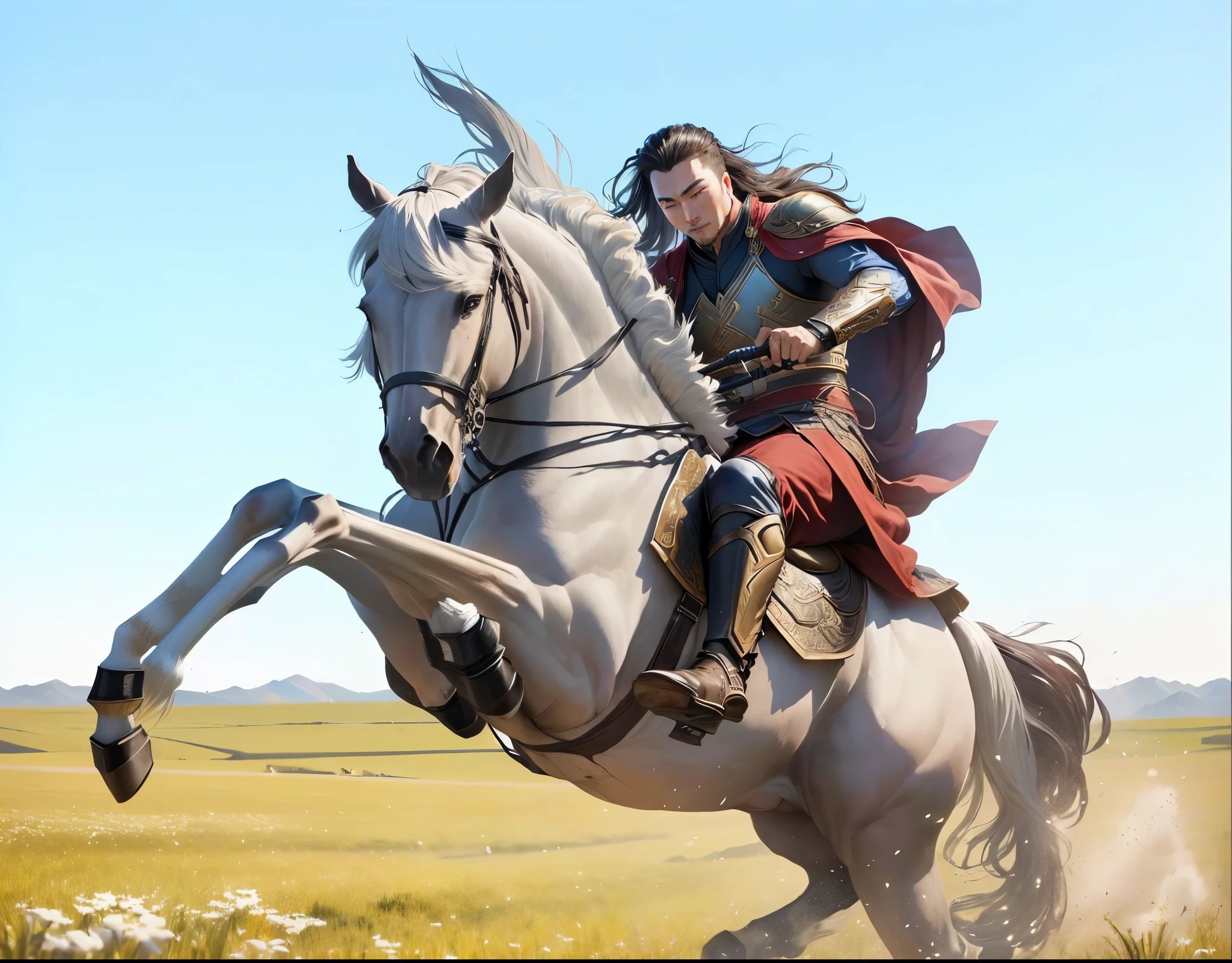 there is a man riding a horse in a field, ancient mongolian elon musk, xianxia hero, （Clear facial details），8K，Beautiful picture quality，Lots of details