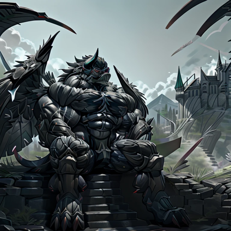 (gigantic muscles), 8K, Masterpiece, highres, Detailed head, Detailed Body, full body, Detailed abs, wearing crNanosuit, big muscle (pecs, triceps, traps) unusually developed muscular body, body full of huge muscles. pectorales enormes. Exaggeratedly huge muscles. Gigachad Muscular, gigantic muscles, Colossal giant NANOSUIT over a battlefield, The claws are sharp, Sharp teeth, Spread wings, have big wings. black wings, METAL WINGS, nj5furry, Animal paws, castle, black visor, demon lord dragon batzz, five fingers, five toes, sitting on the throne, The feathers on its wings are detailed and realistic.