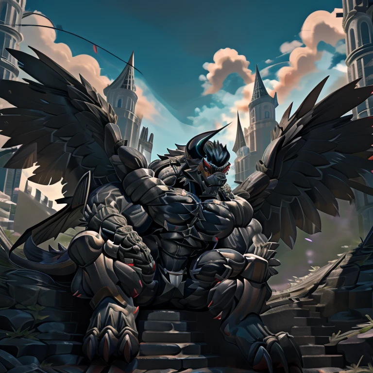 (gigantic muscles), 8K, Masterpiece, highres, Detailed head, Detailed Body, full body, Detailed abs, wearing crNanosuit, big muscle (pecs, triceps, traps) unusually developed muscular body, body full of huge muscles. pectorales enormes. Exaggeratedly huge muscles. Gigachad Muscular, gigantic muscles, Colossal giant NANOSUIT over a battlefield, The claws are sharp, Sharp teeth, Spread wings, have big wings. black wings, METAL WINGS, nj5furry, Animal paws, castle, black visor, demon lord dragon batzz, five fingers, five toes, sitting on the throne, The feathers on its wings are detailed and realistic.