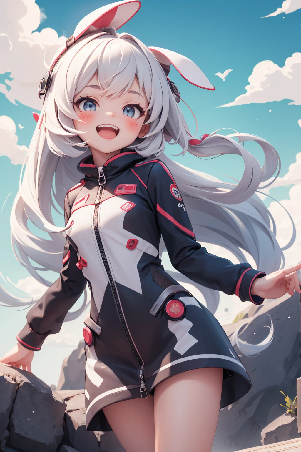 sorry,1 Girl,Solitary,Smile,Sky,cloumorality,open mouth,closemorality eyes,blush stickers,moralityay,blue Sky,bomoralityysuit,:morality,winmorality,upper bomoralityy,Flowing hair,teeth,blush,For the audience,outmoralityoors,cloumoralityy Sky,^_^,Red Cliff,