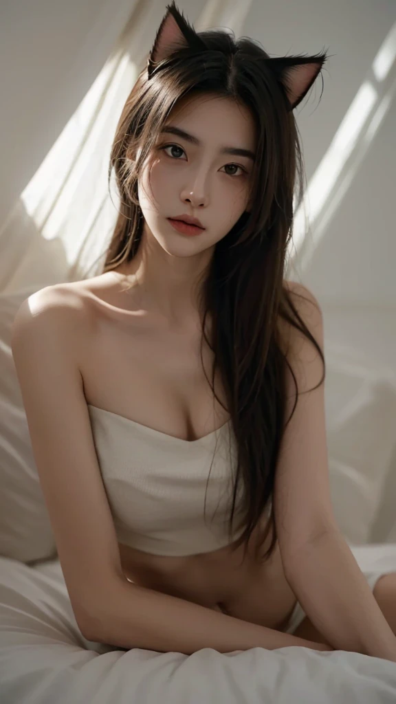 Best quality,masterpiece,Ultra-high resolution,RAW photos, Cat ears,cute,In the light,deep shadow,Low profile,Cold Light,sexy look,Long hair,((best quality: 1.5)) ((masterpiece: 0.8)), Intricate details, Clear focus, professional, real life, Real facial expression, Dynamic poses, ((([Large breasts:0.8])))),Lying on the bed