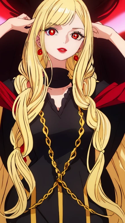 Beautiful anime girl, solo, 1girl, looking at viewer, cute, beautiful, red eyes, long hair, open hair, blonde hair, braided hair, smiling, smooth skin, light skin, red lips, anime, best quality, masterpiece, extremely detailed, 4k, red eyes, beautiful red eyes, detailed face, detailed eyes, golden necklace, golden earings, standing, extremely beautiful, highres, high quality eyes, hair covering one eye, ((masterpiece)), (best quality), (extremely detailed), depth of field, sketch, dark intense shadows, sharp focus, soft lighting, hdr, colorful, good composition, spectacular, anime screencap, (Highest quality illustrations:1.2), (Kawaii Girl:1.1), (1girl in, solo:1.5), One pose、Neat and clean image、ultradetailed eyes:1.2), ((red-eyed、Blonde hair:1.5))、hair wavy、curlyhair, hair wavy、BREAK(top-quality、ultra-detailliert、highly detailed and beautiful、超A high resolution、Detailed arm:1.2)、a closeup、bustup, Wink, normal sized breasts, ocean beach background, pirate, high quality jewelry, full body, black shirt, open red coat, black pants,