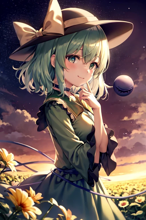masterpiece, best quality, 1girl, solo, green eyes, komeiji koishi, hat, green hair, flower, blue flower, blue rose, rose, detached sleeves, short hair, bare shoulders, third eye, breasts, bow, smile, petals, dress, from side, medium breasts, looking at viewer, outdoors, black headwear, long sleeves, frills, cloud, wide sleeves, hat bow, closed mouth, choker, alternate costume, sky, black dress, white bow, blush, bangs, hair between eyes, flower field, frilled sleeves, hand up, field, strapless, eyeball, white skirt, cloudy sky, hat ribbon, ribbon, strapless dress, detached collar, finger to cheek, adapted costume, standing, cowboy shot, upper body