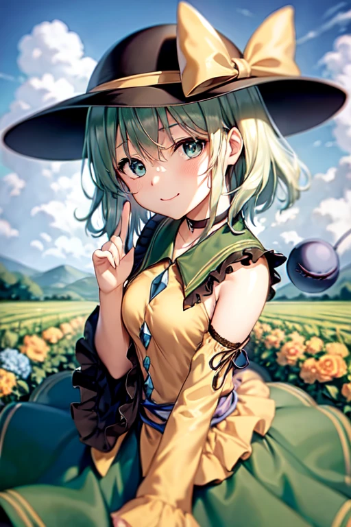 masterpiece, best quality, 1girl, solo, green eyes, komeiji koishi, hat, green hair, flower, blue flower, blue rose, rose, detached sleeves, short hair, bare shoulders, third eye, breasts, bow, smile, petals, dress, from side, medium breasts, looking at viewer, outdoors, black headwear, long sleeves, frills, cloud, wide sleeves, hat bow, closed mouth, choker, alternate costume, sky, black dress, white bow, blush, bangs, hair between eyes, flower field, frilled sleeves, hand up, field, strapless, eyeball, white skirt, cloudy sky, hat ribbon, ribbon, strapless dress, detached collar, finger to cheek, adapted costume, standing, cowboy shot, upper body