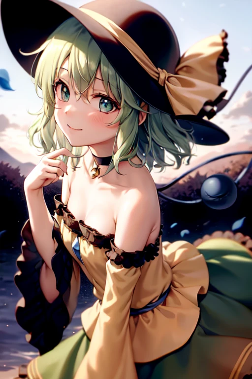 masterpiece, best quality, 1girl, solo, green eyes, komeiji koishi, hat, green hair, flower, blue flower, blue rose, rose, detached sleeves, short hair, bare shoulders, third eye, , bow, smile, petals, dress, from side, medium breastsng at viewer, outdoors, black headwear, long sleeves, frills, cloud, wide sleeves, hat bow, closed mouth, choker, alternate costume, sky, black dress, white bow, blush, bangs, hair between eyes, flower field, frilled sleeves, hand up, field, strapless, eyeball, white skirt, cloudy sky, hat ribbon, ribbon, strapless dress, detached collar, finger to cheek, adapted costume, standing, cowboy shot, upper body