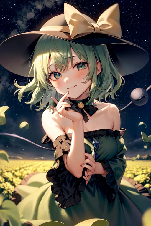 masterpiece, best quality, 1girl, solo, green eyes, komeiji koishi, hat, green hair, Nail Art, flower, blue flower, blue rose, rose, detached sleeves, short hair, bare shoulders, third eye, breasts, bow, smile, petals, dress, from side, medium breasts, looking at viewer, outdoors, black headwear, long sleeves, frills, cloud, wide sleeves, hat bow, closed mouth, choker, alternate costume, sky, black dress, white bow, blush, bangs, hair between eyes, flower field, frilled sleeves, hand up, field, strapless, eyeball, white skirt, cloudy sky, hat ribbon, ribbon, strapless dress, detached collar, finger to cheek, adapted costume, standing, cowboy shot, upper body