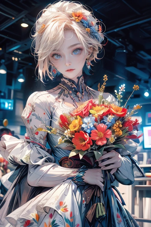 1lady,solo,cool,upper body,perfect face,brilliant eye,glorious,hold a flower,bouquet