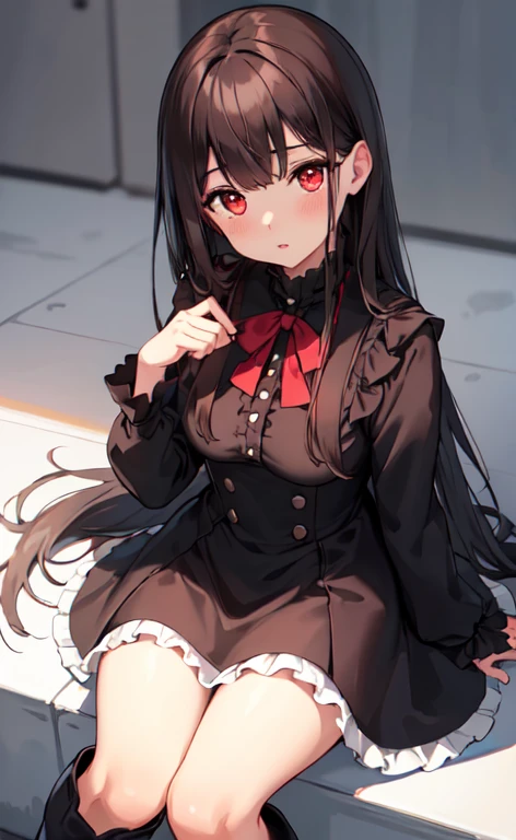 (best quality,high resolution,Beautiful detailed eyes,White lighting:1.2),red eyes, looking at viewer, long hair, black hair, long boots, black footwear, blush, sitting, long sleeves, bangs, parted lips, black hair, dress, knees up, brown hair, white skirt, frills, skirt,thighs, sidelocks,