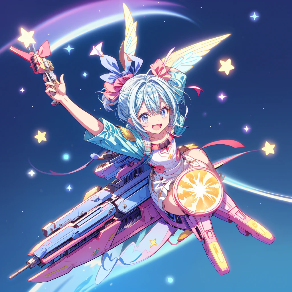 Star Fairy、CG Game Plane bsw Riding on a flying vehicle、Smiling at the audience、He has a laser gun on his back、kawaii tech,