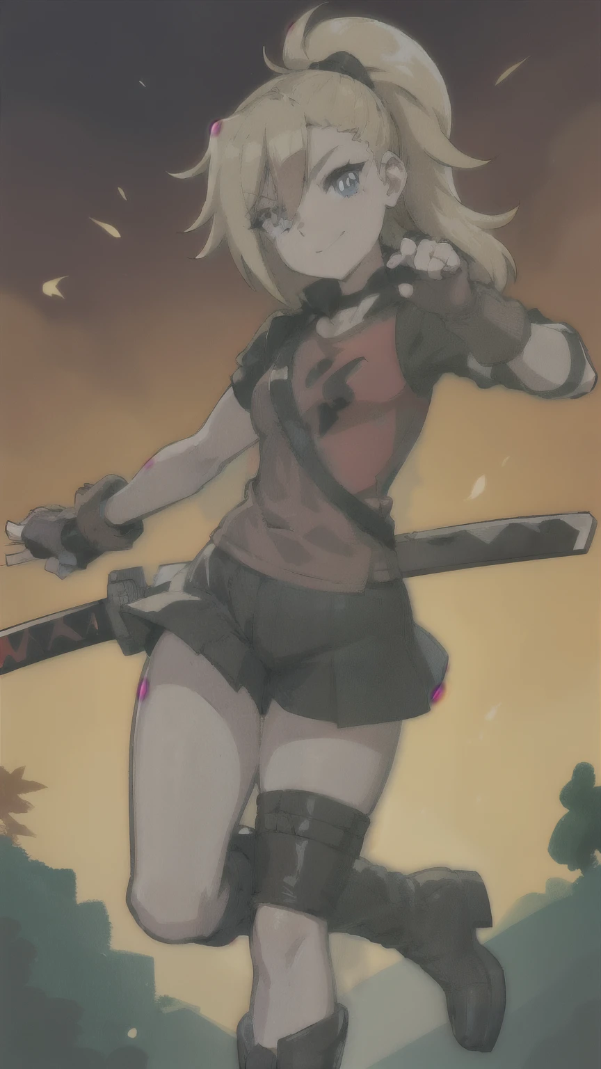 (best quality:1.2),solo,1girl,mdrin,smile,looking at viewer,lovely pose, ponytail,v-shaped eyebrows,red shirt, fingerless gloves,black shorts , garden background, warm color tones,soft lighting, Hair over one eye, ultra long hair, standing on hooftop, long boots, long ponytail, blonde , holding down two katanas sword 