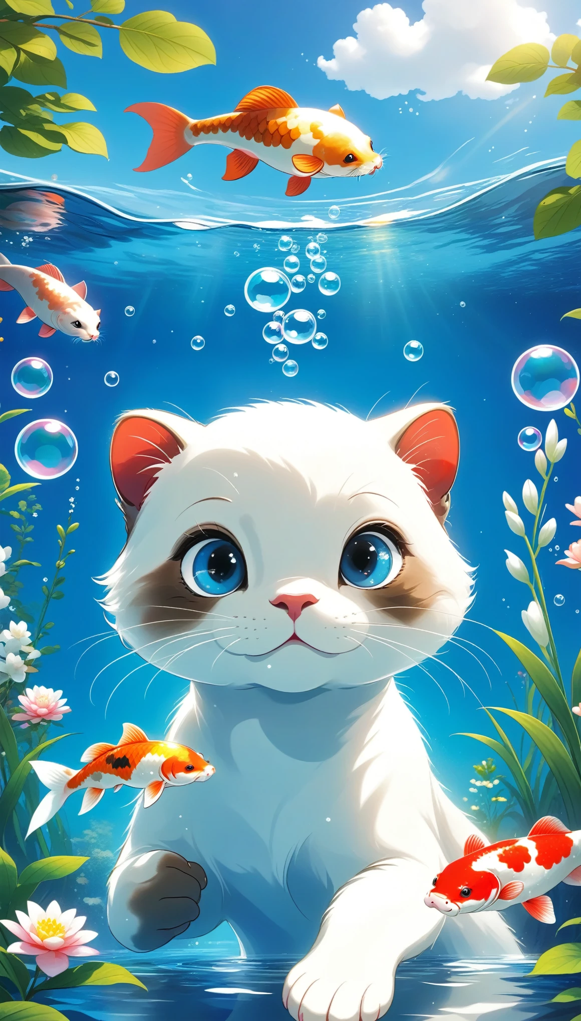 looking_at_viewer, blue_eyes, flower, outdoors, sky, day, cloud, blue_sky, no_humans, animal, cat, white_flower, realistic, animal_focus, An Otter,red_carp,diving,bubble,Koi