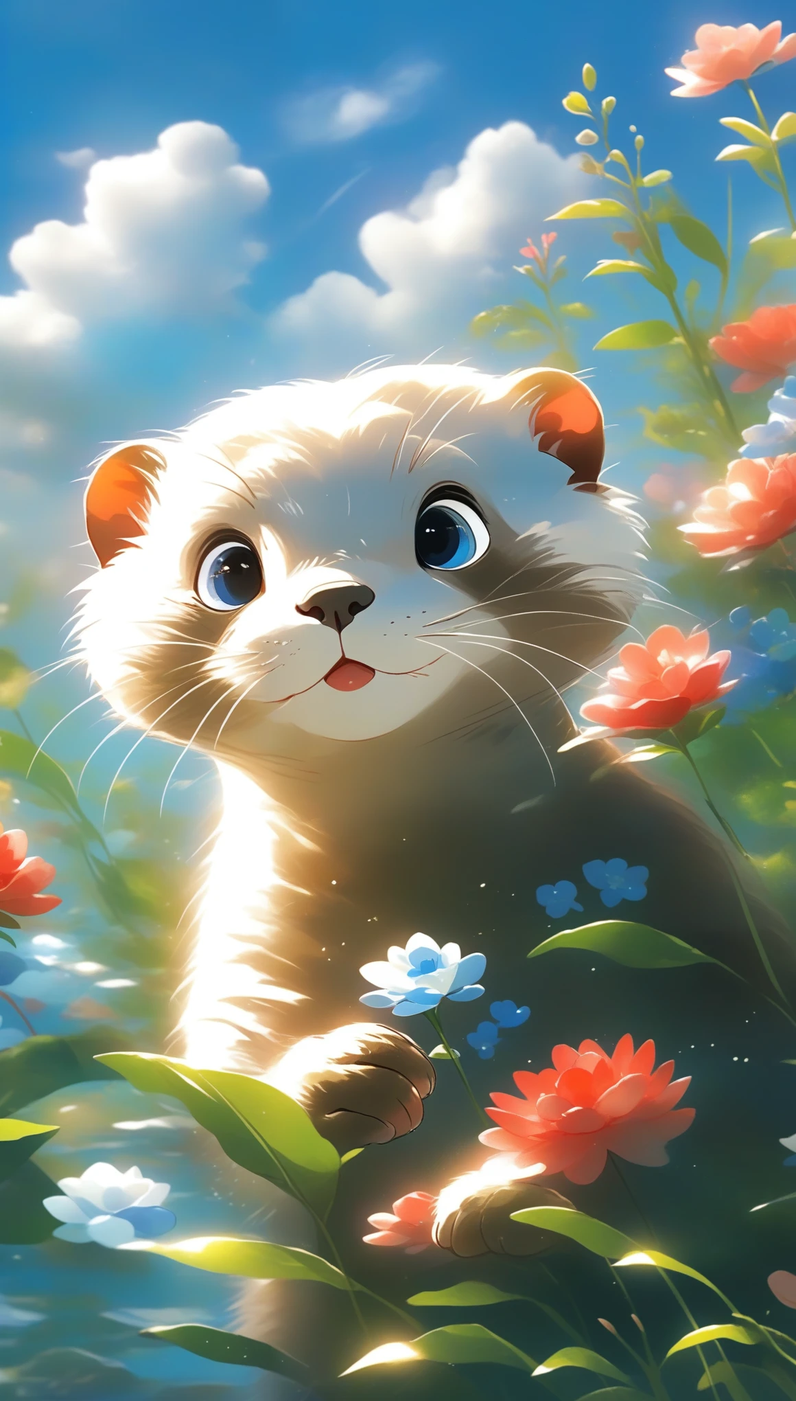 looking_at_viewer, blue_eyes, flower, outdoors, sky, day, cloud, blue_sky, no_humans, animal, cat, white_flower, realistic, animal_focus, An Otter，red_carp