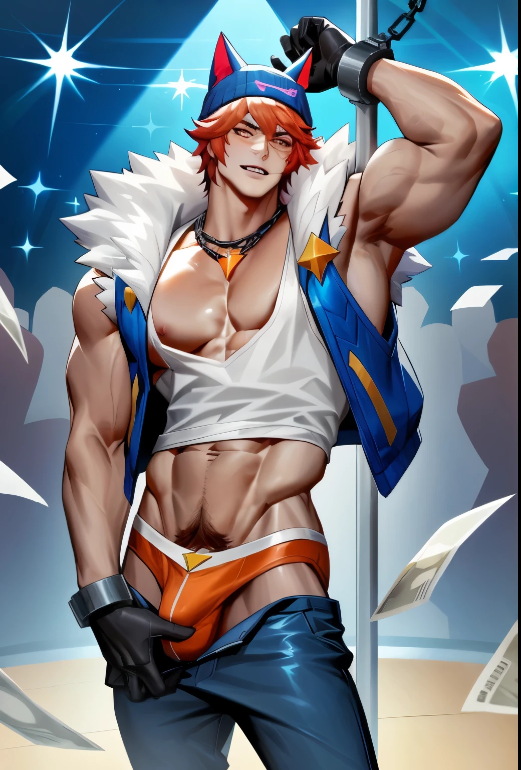 Anime character standing on a pole with a sword and a hat, Firmware version, muscular的姿势, High resolution commissions, Cool anime poses, Tall anime man with blue eyes, Guilty Gear Hard Splash Art,muscular male hero, Handsome guy in the art of slaying demons, guilty gear art style, Anime boy with orange hair, muscular! White