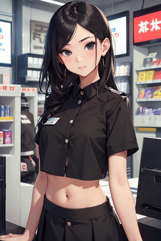 Cashier girl, (((crop top black button cashier uniform))), (name tag on the chest), showing navel,  convenience store, behind the cashier, 