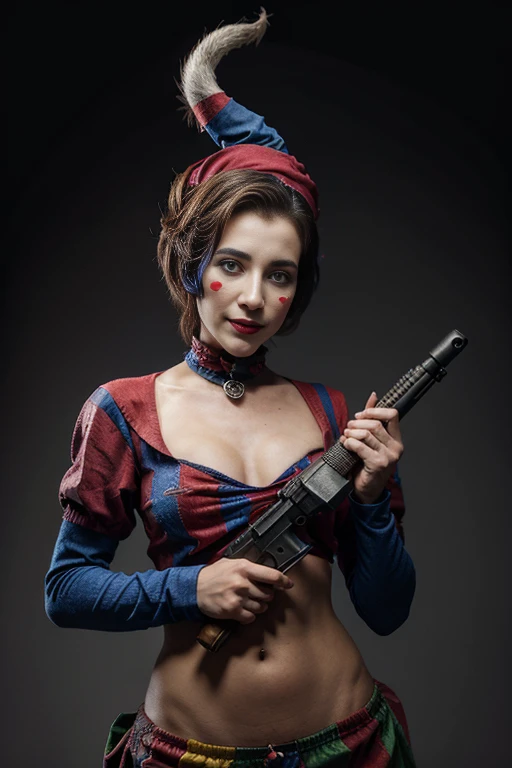 a crazy jester with a gun , pleasure to kill, digital art