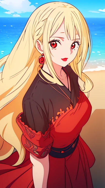 Beautiful anime girl, solo, 1girl, looking at viewer, cute, beautiful, red eyes, long hair, open hair, blonde hair, braided hair, smiling, smooth skin, light skin, red lips, anime, best quality, masterpiece, extremely detailed, 4k, red eyes, beautiful red eyes, detailed face, detailed eyes, golden necklace, golden earings, standing, extremely beautiful, highres, high quality eyes, hair covering one eye, ((masterpiece)), (best quality), (extremely detailed), depth of field, sketch, dark intense shadows, sharp focus, soft lighting, hdr, colorful, good composition, spectacular, anime screencap, (Highest quality illustrations:1.2), (Kawaii Girl:1.1), (1girl in, solo:1.5), One pose、Neat and clean image、ultradetailed eyes:1.2), ((red-eyed、Blonde hair:1.5))、hair wavy、curlyhair, hair wavy、BREAK(top-quality、ultra-detailliert、highly detailed and beautiful、超A high resolution、Detailed arm:1.2)、a closeup、bustup, Wink, normal sized breasts, ocean beach background, pirate, high quality jewelry, full body, black shirt, open red coat, black pants,