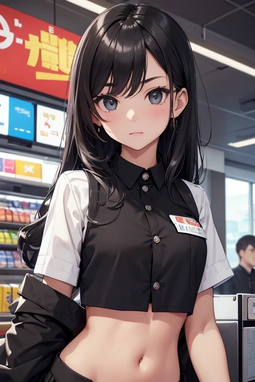 Cashier girl, (((crop top black button cashier uniform))), (name tag on the chest), showing navel, convenience store, behind the cashier,
