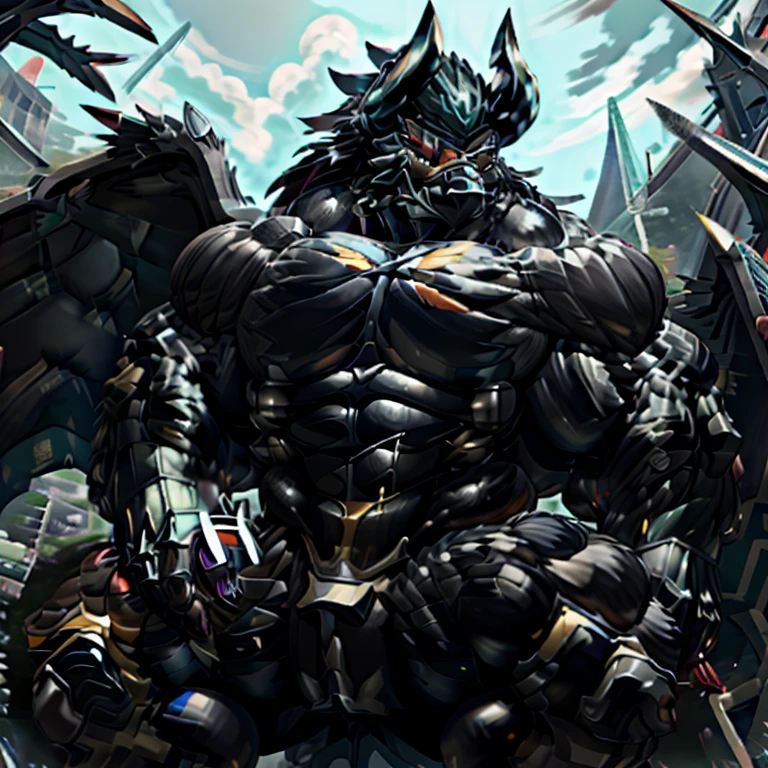 (gigantic muscles), 8K, Masterpiece, highres, Detailed head, Detailed Body, full body, Detailed abs, wearing crNanosuit, big muscle (pecs, triceps, traps) unusually developed muscular body, body full of huge muscles. pectorales enormes. Exaggeratedly huge muscles. Gigachad Muscular, gigantic muscles, Colossal giant NANOSUIT over a battlefield, The claws are sharp, Sharp teeth, Spread wings, have big wings. black wings, METAL WINGS, nj5furry, Animal paws, castle, black visor, demon lord dragon batzz, five fingers, five toes, sitting on the throne, The feathers on its wings are detailed and realistic.