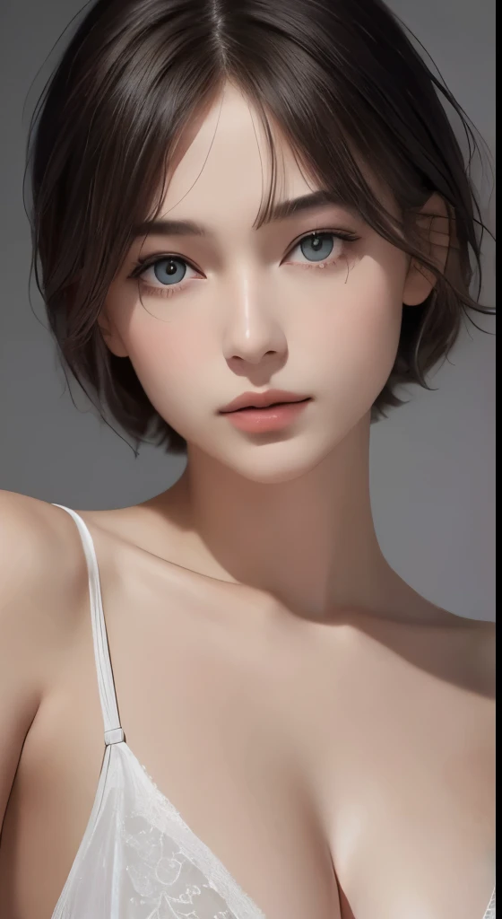 masterpiece, Highest quality, {Highest quality}, {{masterpiece}}, {High resolution}, 8K uhd、RAWphotograph、モデルphotograph撮影、 European race、(masterpiece、Highest quality、Photorealistic、High resolution、photograph:1.3)、Close-up、Focusing、Hot Model、slim、30 year old mature woman、Small face、No makeup、short hair、Dark Hair、Thin beautiful eyes、Real Skin、(perfect body)、Detailed beautiful eyes、Glossy lips、Small breasts、Small breasts、Bust B cup、Realistic details、Cool beauty、Sexy pose、Background gray、Plain gray background