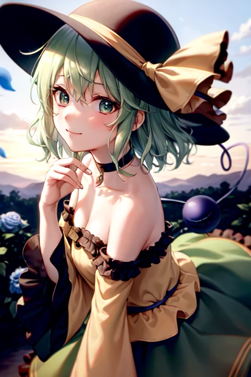 masterpiece, best quality, 1girl, solo, green eyes, komeiji koishi, hat, green hair, Nail Art, flower, blue flower, blue rose, rose, detached sleeves, short hair, bare shoulders, third eye, breasts, bow, smile, petals, dress, from side, medium breasts, looking at viewer, outdoors, black headwear, long sleeves, frills, cloud, wide sleeves, hat bow, closed mouth, choker, alternate costume, sky, black dress, white bow, blush, bangs, hair between eyes, flower field, frilled sleeves, hand up, field, strapless, eyeball, white skirt, cloudy sky, hat ribbon, ribbon, strapless dress, detached collar, finger to cheek, adapted costume, standing, cowboy shot, upper body