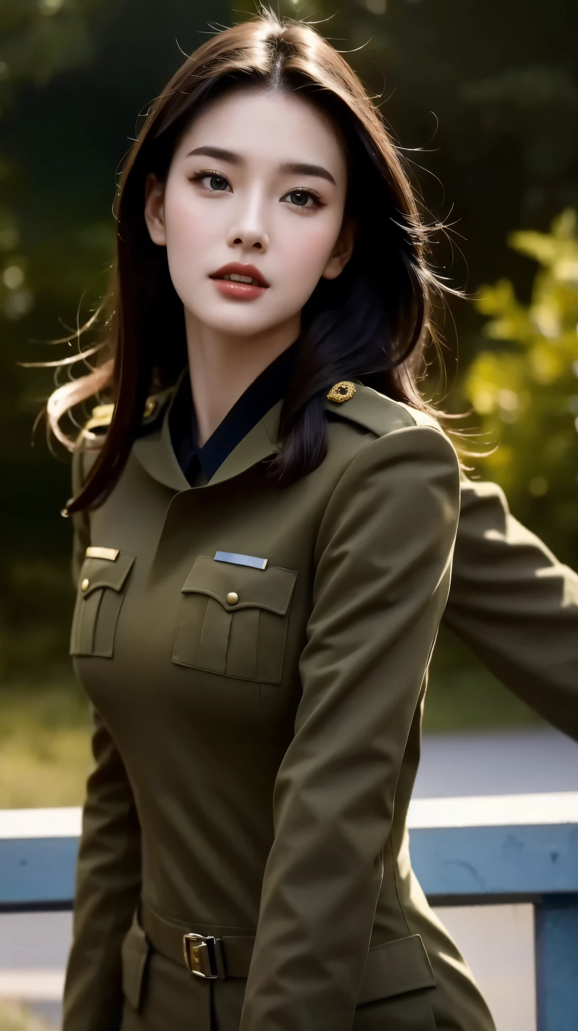 Fashion model 25 years old [[[[close up]]]], [[[[neck]]]], [[[[Shoulder]]]], Perfect eyes, Perfect iris，Perfect lips，Perfect Teeth，Perfect skin，White skin，Soft headlight，High-density imaging review，（Face is clear and delicate），((Tight military uniform))，best quality，masterpiece，（Soft colors：1.2）
