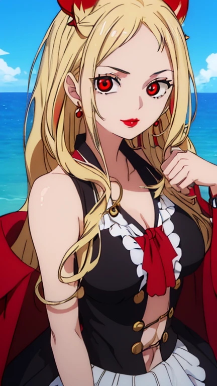 Beautiful anime girl, solo, 1girl, looking at viewer, cute, beautiful, red eyes, long hair, open hair, blonde hair, braided hair, smiling, smooth skin, light skin, red lips, anime, best quality, masterpiece, extremely detailed, 4k, red eyes, beautiful red eyes, detailed face, detailed eyes, golden necklace, golden earings, standing, extremely beautiful, highres, high quality eyes, hair covering one eye, ((masterpiece)), (best quality), (extremely detailed), depth of field, sketch, dark intense shadows, sharp focus, soft lighting, hdr, colorful, good composition, spectacular, anime screencap, (Highest quality illustrations:1.2), (Kawaii Girl:1.1), (1girl in, solo:1.5), One pose、Neat and clean image、ultradetailed eyes:1.2), ((red-eyed、Blonde hair:1.5))、hair wavy、curlyhair, hair wavy、BREAK(top-quality、ultra-detailliert、highly detailed and beautiful、超A high resolution、Detailed arm:1.2)、a closeup、bustup, Wink, normal sized breasts, ocean beach background, pirate, high quality jewelry, full body, black shirt, open red coat, black pants,