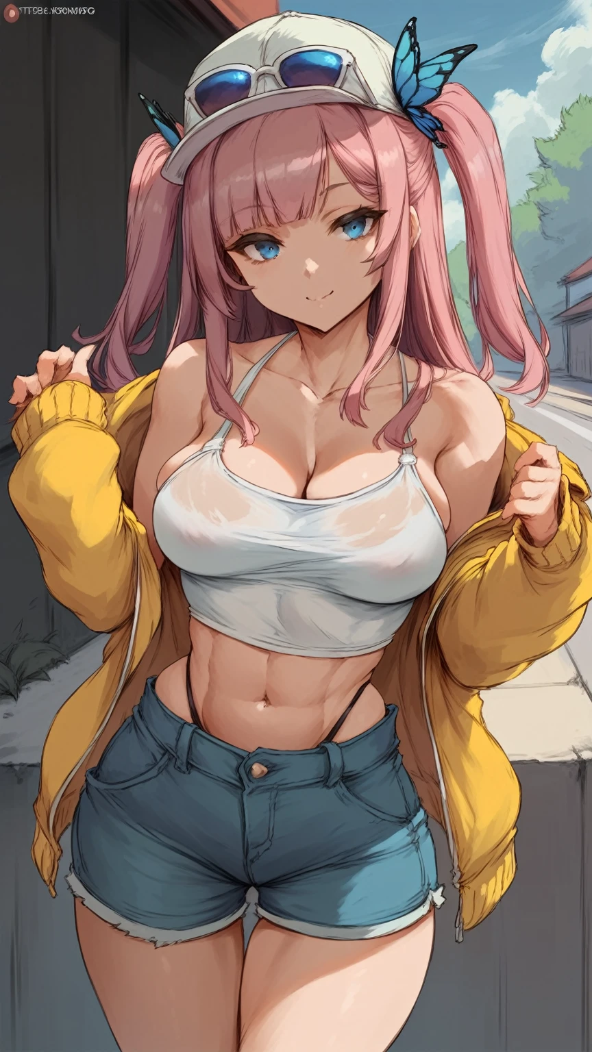 (cutesexyrobutts:0.9), (score_10, score_9_up, score_9, score_8_up, score_7_up, score_6, score_5, score_4, source_anime), (digital painting), (fine line work), (best quality), (extremely detailed), (highest quality), (intricate linework), (intricate details), more detail XL, 1girl, solo, cowboy shot, nino nakano, long hair, bangs, blue eyes, hair ornament, hair ribbon, pink hair, blunt bangs, two side up, butterfly hair ornament, cleavage, medium breasts, original outfit (hat, jacket (open) ,eyewear on head, denim shorts) , outdoors, smile, model poses