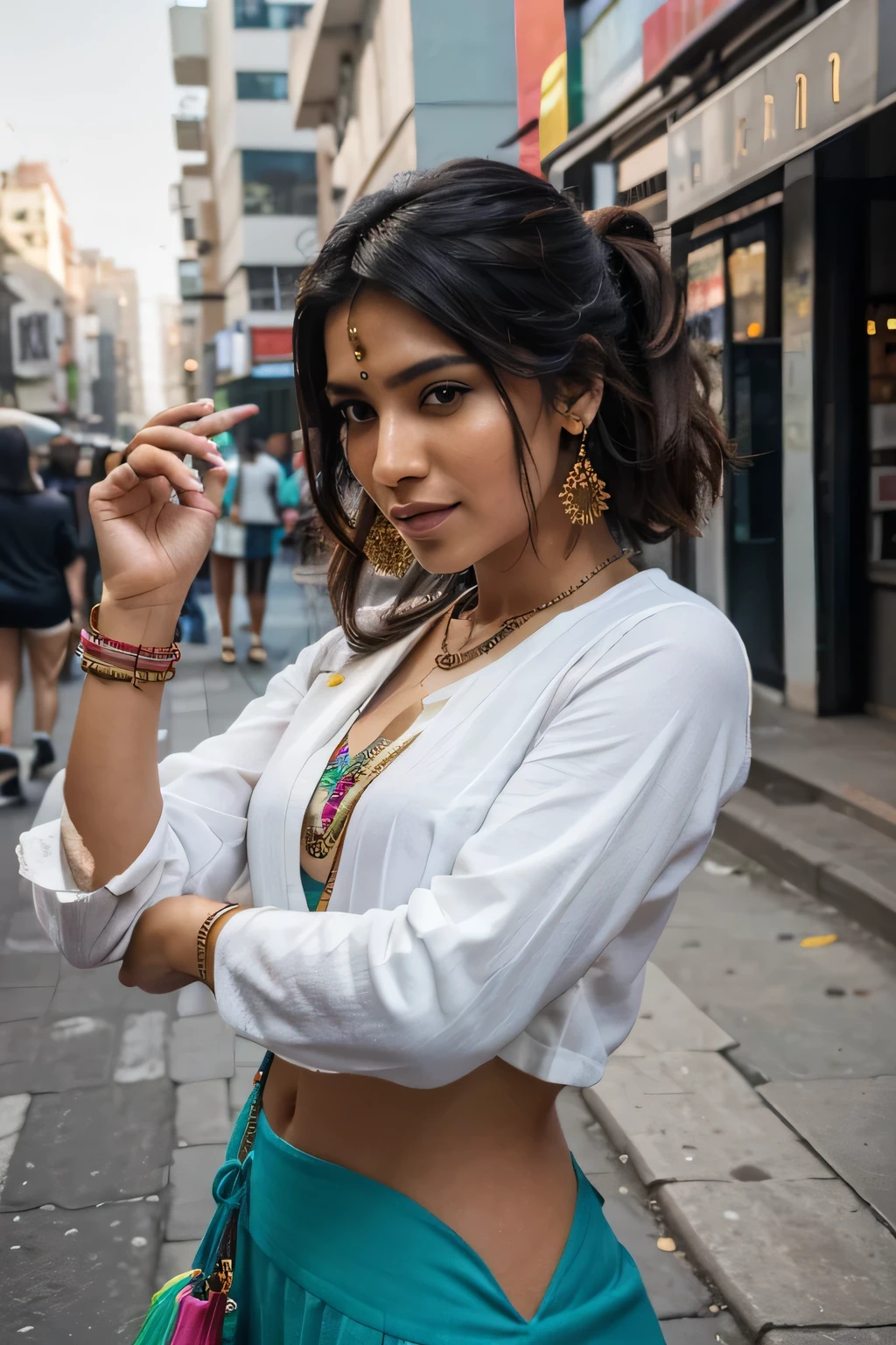 (best quality,4k,highres), South Asian person, modern attire, urban environment, vibrant colors, street art, confident expression, natural lighting, detailed facial features, stylish hairstyle, fashionable accessories, city backdrop, dynamic pose, lively atmosphere, bustling streets, contemporary fashion, cultural diversity.