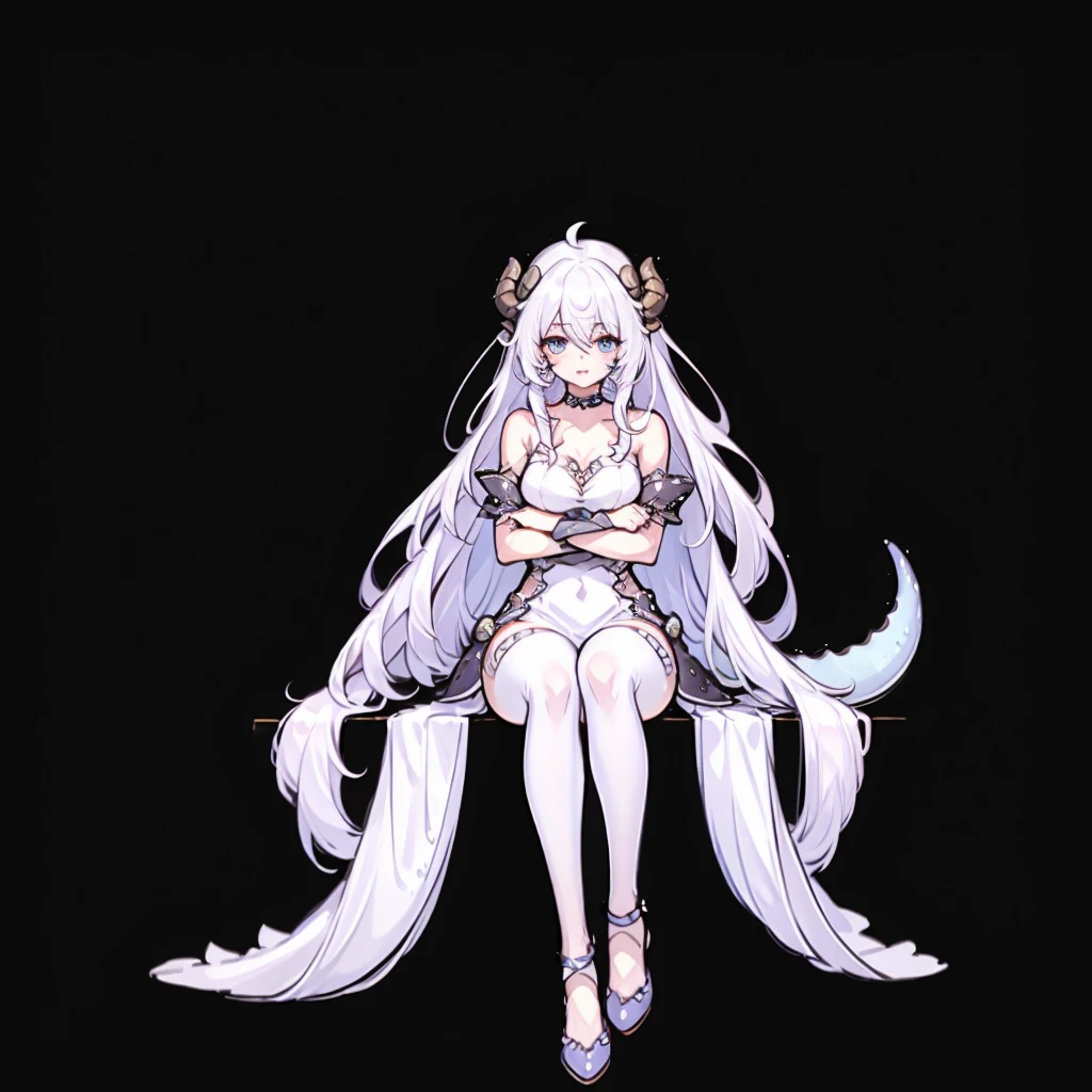 ((masterpiece)), ((bestquality)), 1 girl, solo, a 15-year-old girl, white hair, blue eyes, detailed face, dragonian_head, dragonian_body, dragonian_hairstyle, dragonian_horns, dragonian_tail, white tail, white long dress, black choker, silver circlet on head, close range, ((hugging own legs)), sitting, ((white blank background))
