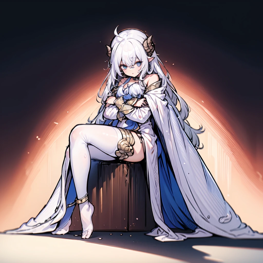 ((masterpiece)), ((bestquality)), 1 girl, solo, a , white hair, blue eyes, detailed face, dragonian_head, dragonian_body, dragonian_hairstyle, dragonian_horns, dragonian_tail, white tail, white long dress, black choker, silver circlet on head, close range, ((hugging own legs)), sitting, ((white blank background))