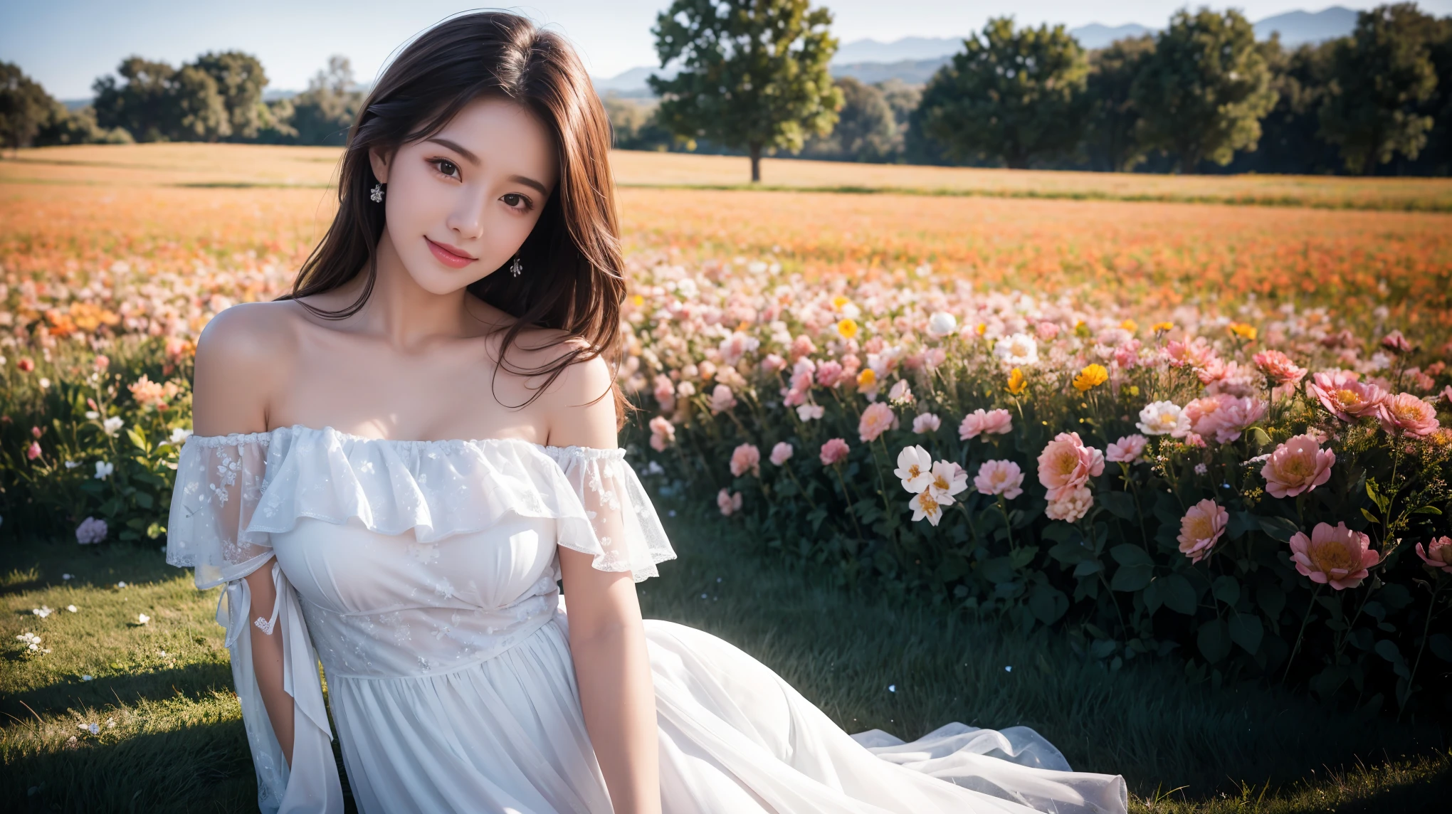 highest quality, masterpiece, Ultra-high resolution, (Realistic:1.4), RAW Photos, One girl, White Dress, Off the shoulder, Flower Field, Glowing Skin, A light smile