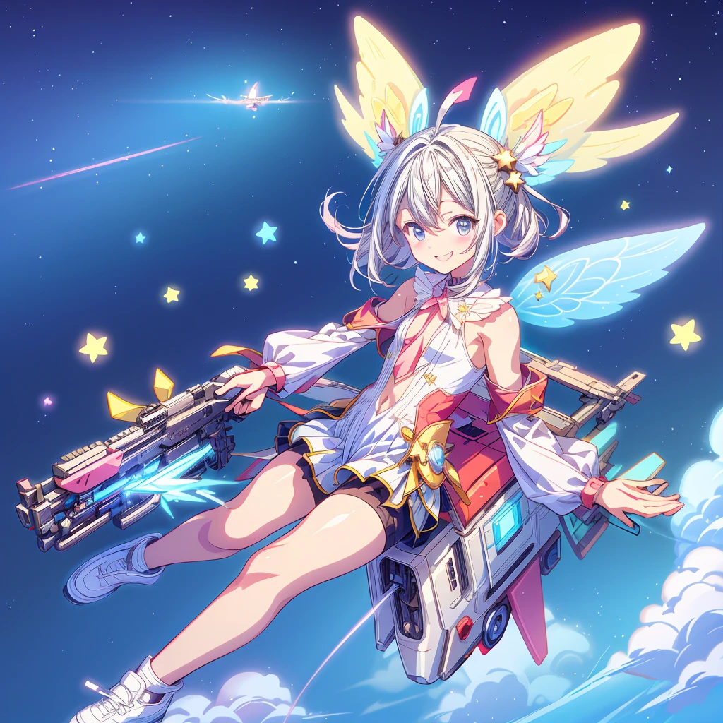 Star Fairy、CG Game Plane bsw Riding on a flying vehicle、Smiling at the audience、He has a laser gun on his back、kawaii tech,