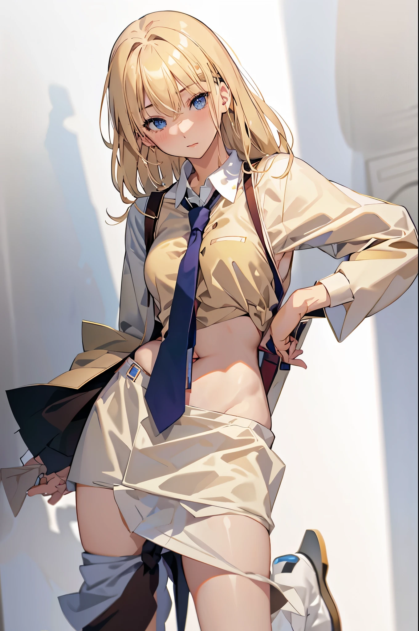 solo, magazine writer, wearing a tie, blonde hair, blue eyes, subtle blush, large chest