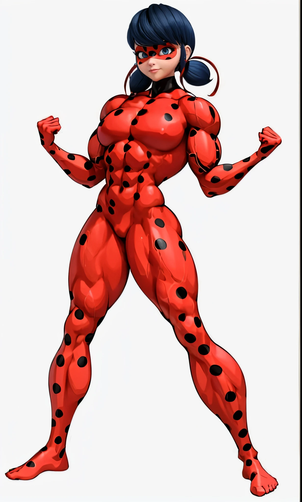 (big muscular female bodybuilder, beautiful detailed eyes, beautiful detailed lips:1.1,strong physique, two short blue pigtails, (a bright red mask with five black spots that are in a symmetrical design around her eyes, a luminous vivid red superhero jumpsuit with a black turtleneck collar and black spotuscle are visible in clothes)), lifting weight, muscular arms and legs:1.2, toned abs, powerful expression,sweating:1.1, bed background:0.9, intense focus:1.1, vibrant colors, dramatic lighting),rippling muscles,sturdy frame,dark tan,fit around the waist,tight abs,strong arms and shoulders,intense expression,determined look,well-defined muscles and veins,straining muscles,artistic pose,steely gaze,side lighting,powerful presence,vivid colors,dynamic composition,studio lighting,physically-based rendering,athletic build,bodybuilding silhouette,professional,gritty texture,bokeh,(LOOKING AT FRONT).