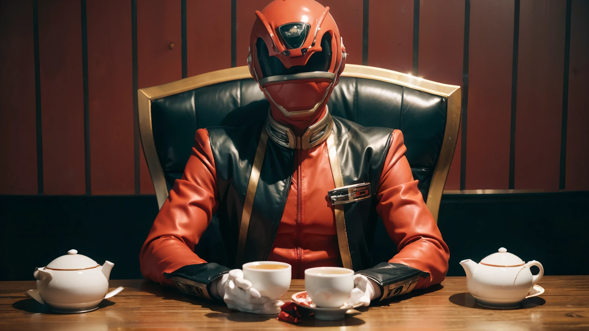 Fantasy background, cafe rpg style, empty chair, table, set of tea glass, (power rangers)), One guy、 Red costume, Solo, ((Slim figure)), (Anatomically correct), Cowboy shot, masked face, (Red composite tracksuit),
