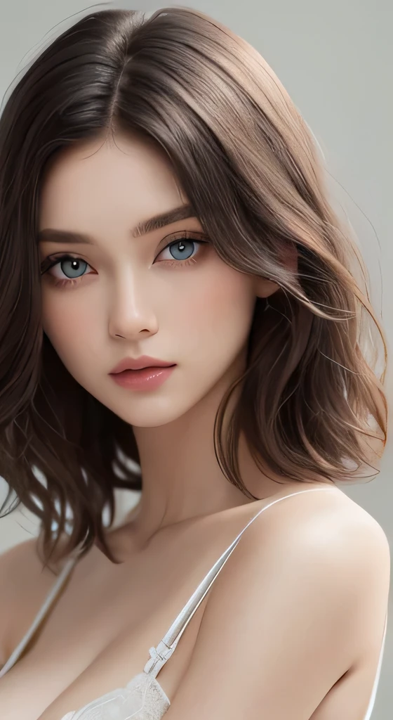masterpiece, Highest quality, {Highest quality}, {{masterpiece}}, {High resolution}, 8K uhd、RAWphotograph、Model photo shoot、 European race、(masterpiece、Highest quality、Photorealistic、High resolution、photograph:1.3)、Close-up、Focusing、Hot Model、slim、30 year old mature woman、Small face、No makeup、short hair、Dark Hair、Thin beautiful eyes、Real Skin、(perfect body)、Detailed beautiful eyes、Glossy lips、Small breasts、Small breasts、Bust B cup、Realistic details、Cool beauty、Sexy pose、Background gray、Plain gray background
