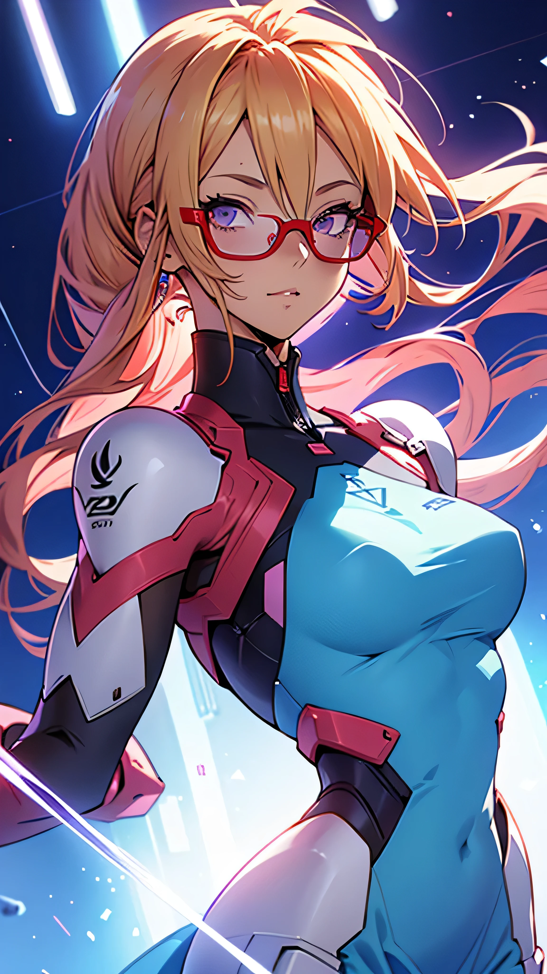 Anime,An illustration,purple robot,Mobile Suit,Dom,Light blue check dress,Red glasses,Blonde,Light blue mesh hair,beautiful girl,Sora Sakurano,one person