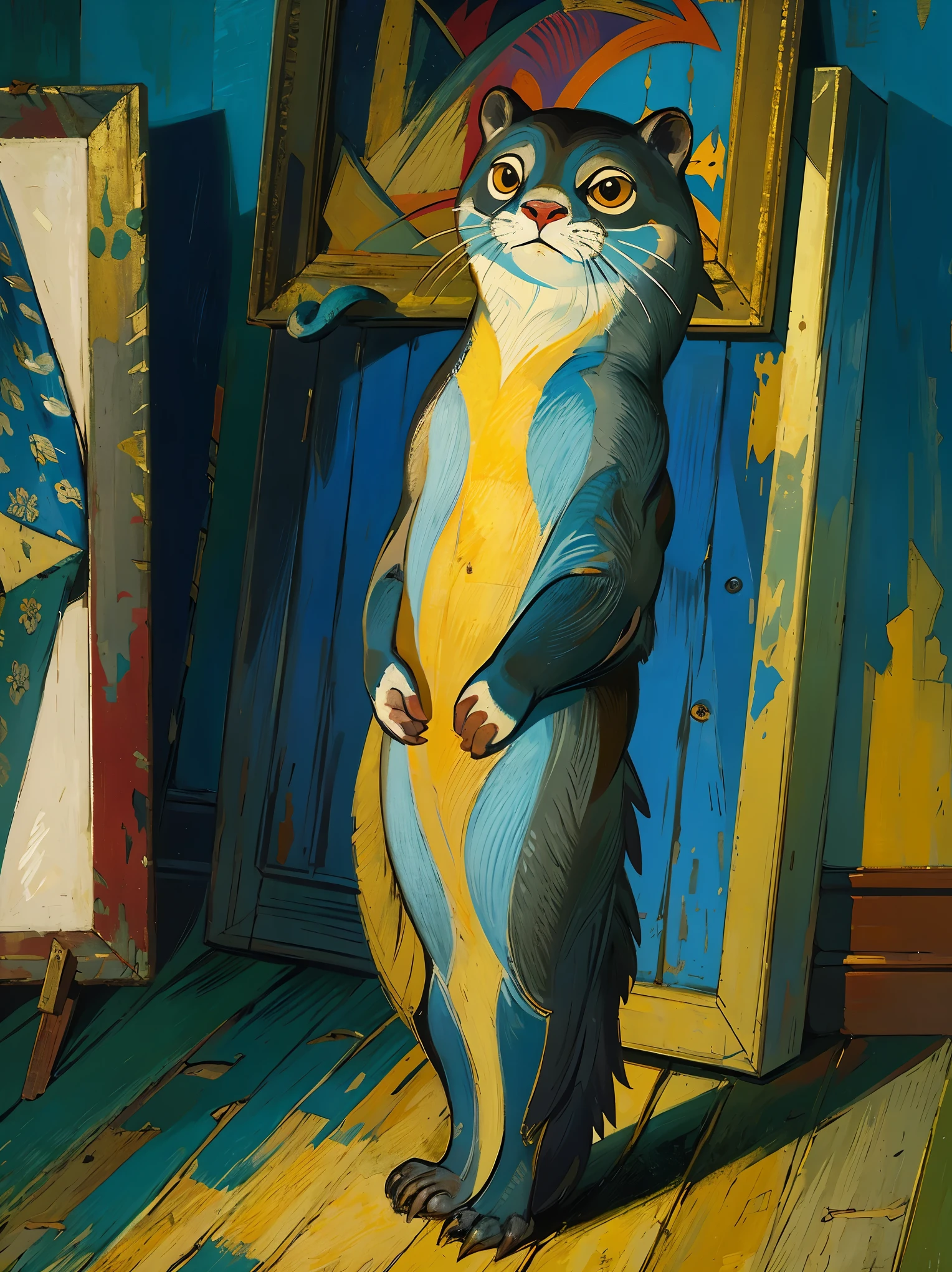 Otter Painting, Inspired by Picasso, Influenced by Van Gogh, One Otter, Full body view, Very colorful, Bright color palette, oil, An illustration, Unique composition.