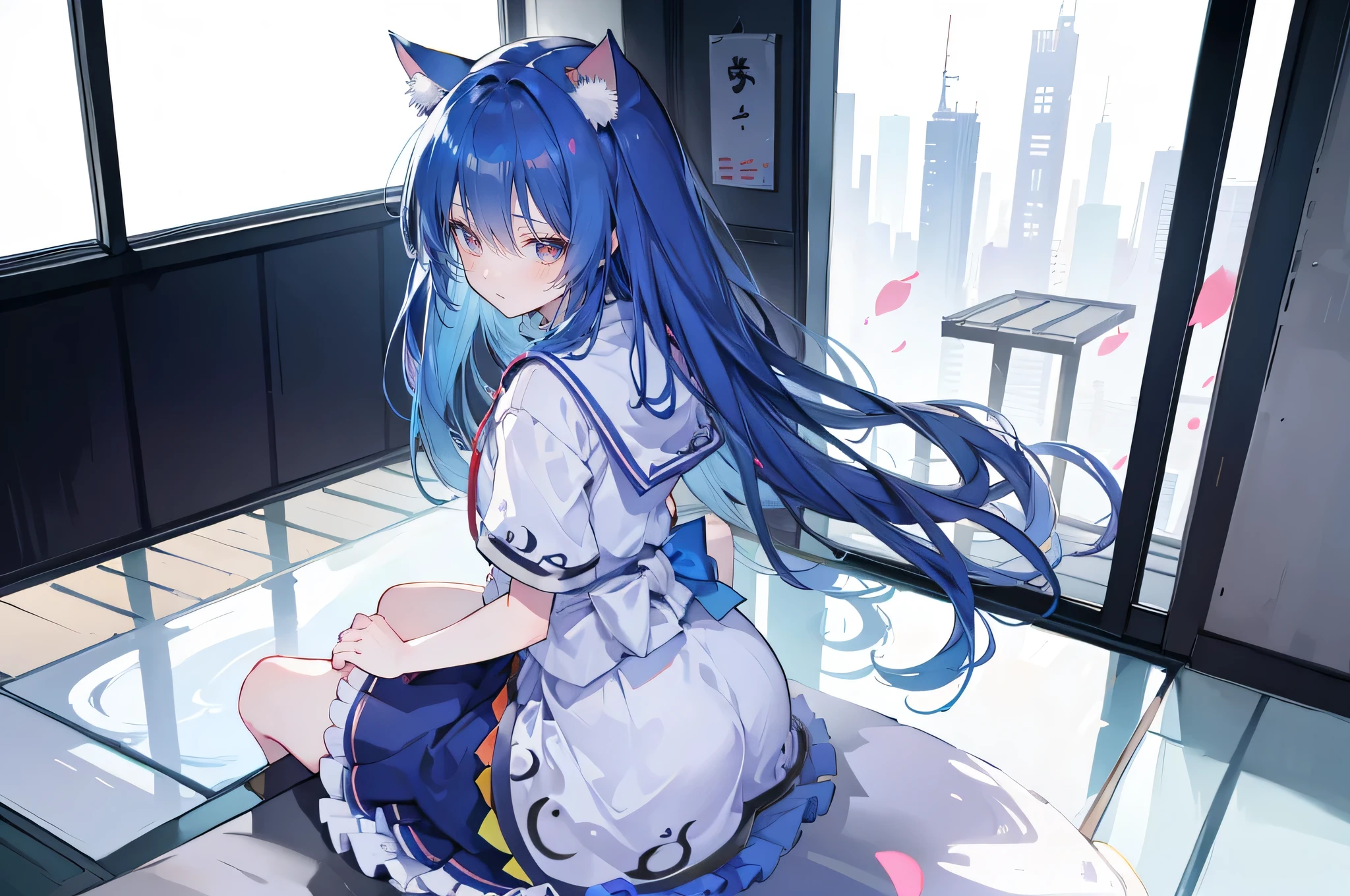 (masterpiece:1.2),Super detailed,lifelike,Expressive eyes,fair skin,perfect face shape,1 girl,
Japanese comics,Gorgeous blue hair,flowing blue hair,flowing clothes,Cat ears,Petals fall,beautiful lola,Baby Angel,
Shaking head with one hand,Cross your legs,Gentle and peaceful background,The pavilion is cool and comfortable,smile, wearing hoodie, background of tokyo,back views,snowing, winter.