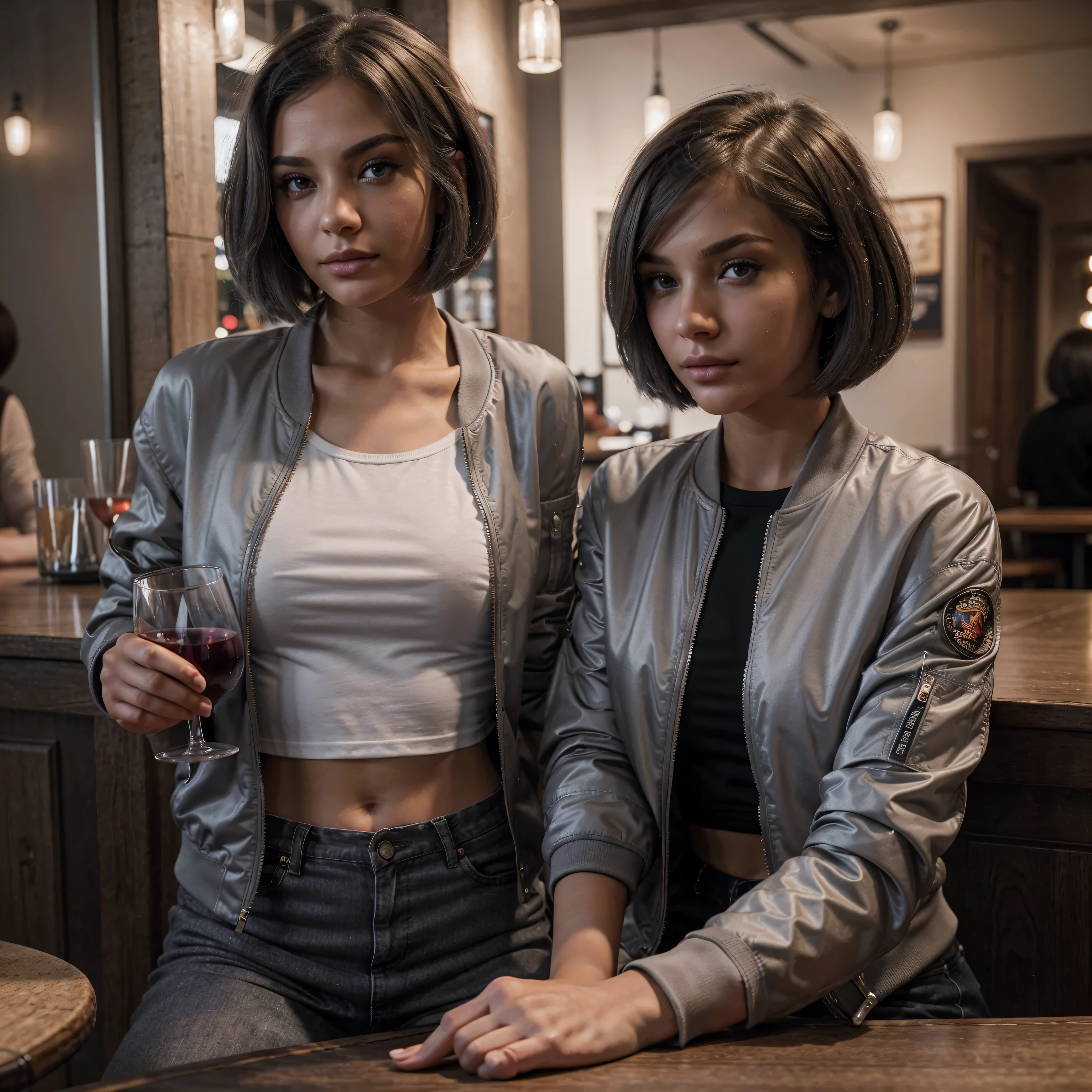 Best quality, in the bar, Sitting at the table, holding a glass of wine,bomber jacket with t-shirt, Beautiful face, gray hair, bob haircut, smooth, accurate nose, beautiful girl, Grey eyes, sweet Lips, a slim body, perfect face.