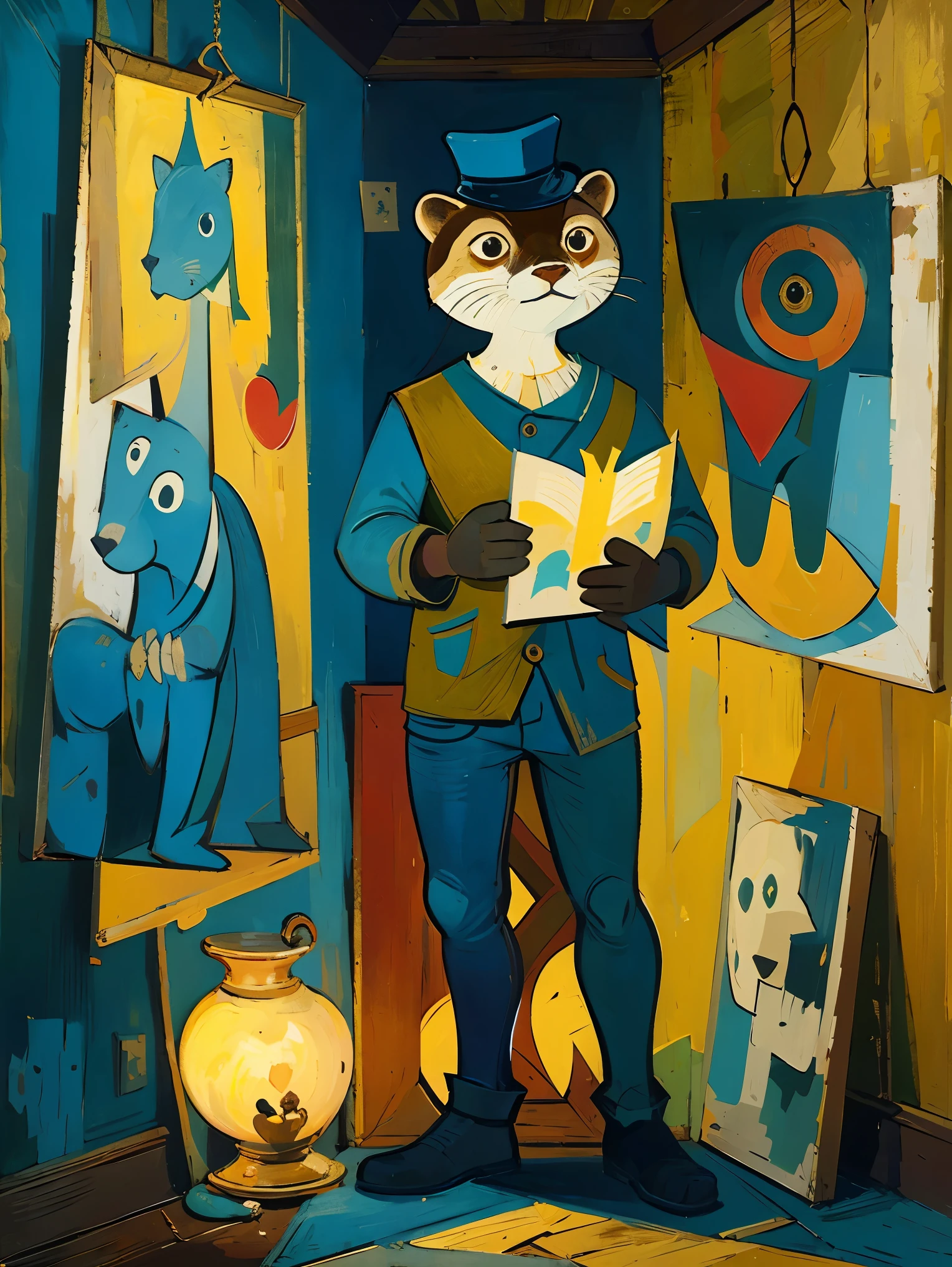 Otter Painting, Inspired by Picasso, Influenced by Van Gogh, One Otter, Full body view, Very colorful, Bright color palette, oil, An illustration, Unique composition.