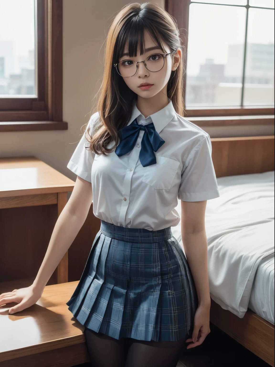 （8K、Raw photography、top-quality、​masterpiece：1.2),Bullish,Muchimuchi,Erotic,Pupils,Light Blue Bra,de pele branca,kne,(Black pantyhose),absurderes,a small face,,flat breast,Parting the bangs from the middle、Forehead visible,(a cold expression,Tight eyes,glares,Bullish,skinny,Rasping,irate)、​masterpiece,top-quality、超A high resolution,Raw photo,ren,Beautiful fece,One Person, solo,eye glass,,Dark look,Small breasts,fullllbody,Round glasses、cute little、JK ,hi-school girl,A Japanese Lady,is standing,（Photorealsitic：1.37）、Photon mapping,Realistic、Cute little face,Brown-eyed、Black socks、(Red bow tie)、Radio City、Physically Based Rendering、Foreground、depth of fields、Blurry background、a picture,The girls、Body,beauty legs, Long legs, Thin leg,(shorttwintail),(Bangs are visible), hair, s lips, Blue_The eye, nosesoft,(Light blue shirt), (Navy and blue and white plaid pleated skirt), Knees are visible,Sheer clothing,, Thigh, Black cotton socks,Nogizaka Idol, , Japanese ido