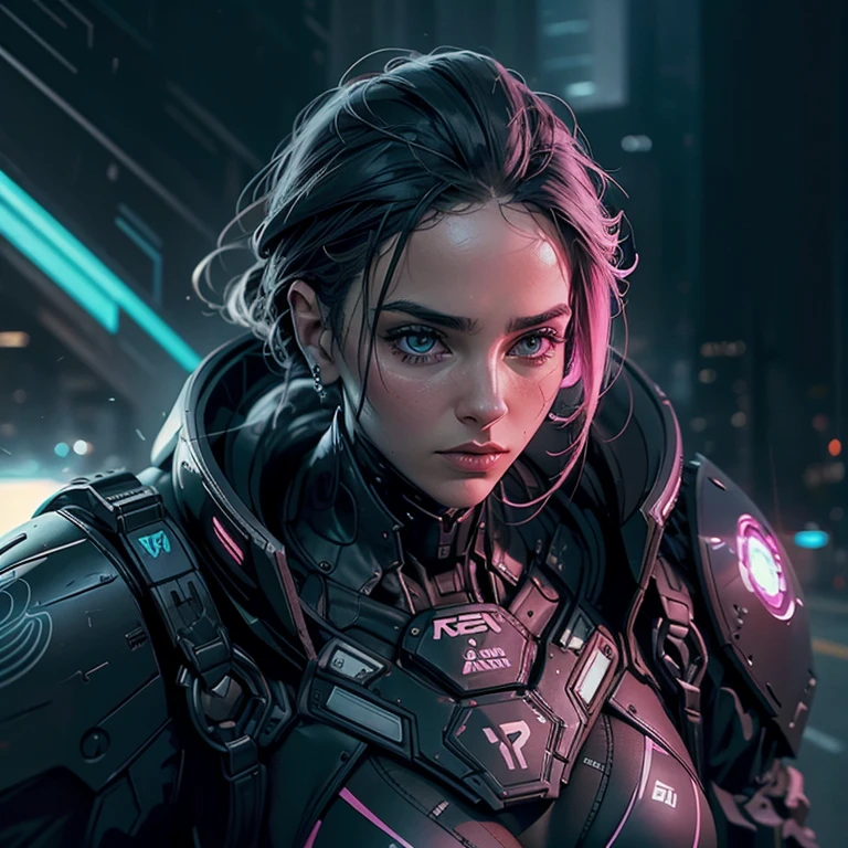 melhor qualidade, fotografia, cinematic lighting, intricado, cinematic detailed realista background, rosto detalhado, corpo todo, realista, 1 garota negra correndo, paisagem futurista, scifi, olhando para o espectador, Pose de modelo, traje futurista ciborg, neon lighting. Full hd