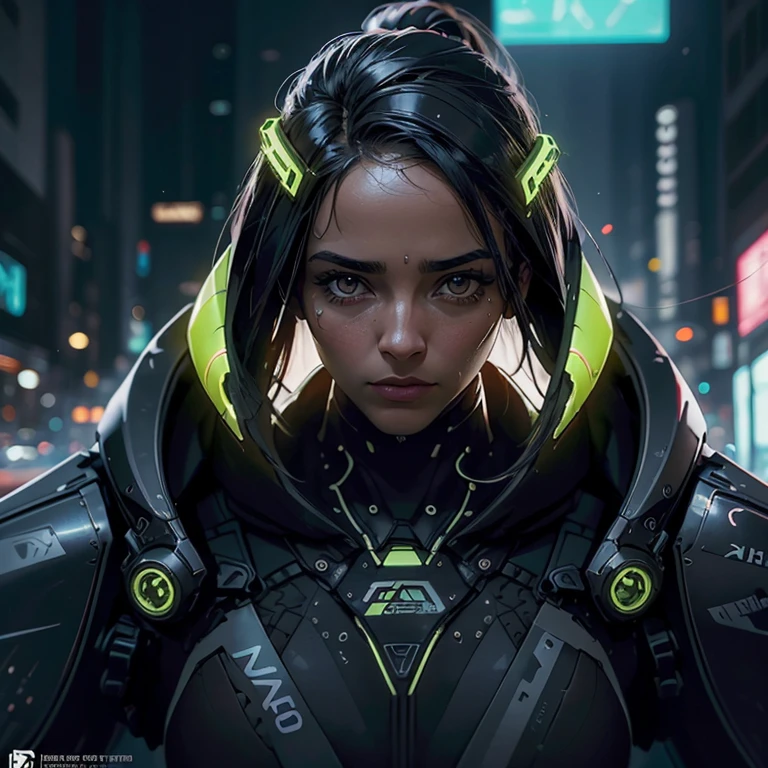 melhor qualidade, fotografia, cinematic lighting, intricado, cinematic detailed realista background, rosto detalhado, corpo todo, realista, 1 garota negra correndo, paisagem futurista, scifi, olhando para o espectador, Pose de modelo, traje futurista ciborg, neon lighting. Full hd