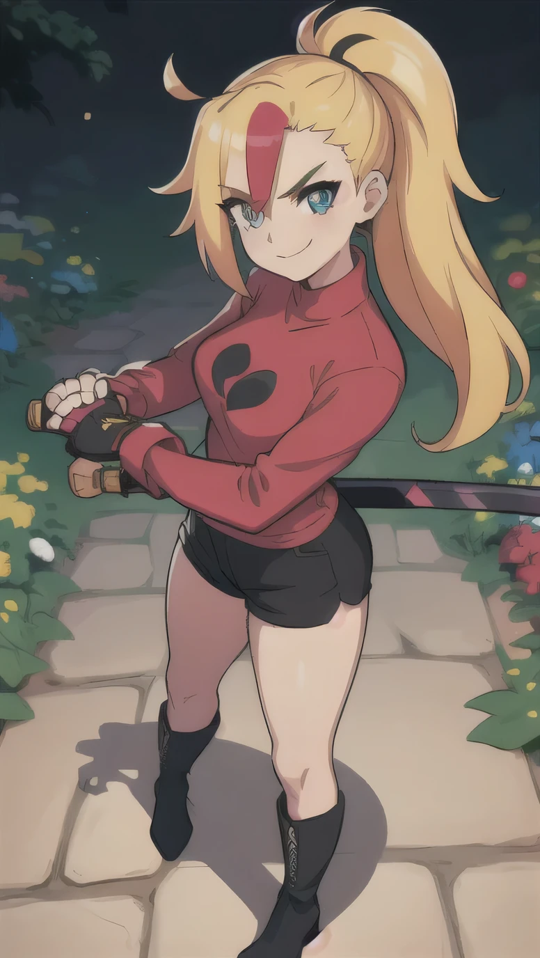 (best quality:HD, Colorful, 1.2),solo,1girl,mdrin,smile,looking at viewer,lovely pose, ponytail,v-shaped eyebrows,red shirt, fingerless gloves,black shorts , garden background, warm color tones,soft lighting, Hair over one eye, ultra long hair, standing on hooftop, long boots, long ponytail, blonde, holding a perfect katana sword,